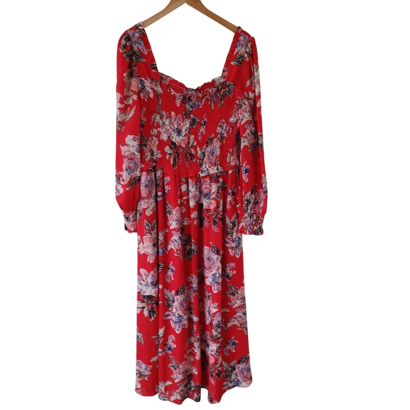 Chelsea28 Red Floral Smocked Bodice Midi Dress Long Sleeve Xxl Nwt Nordstrom — image 3 of 8